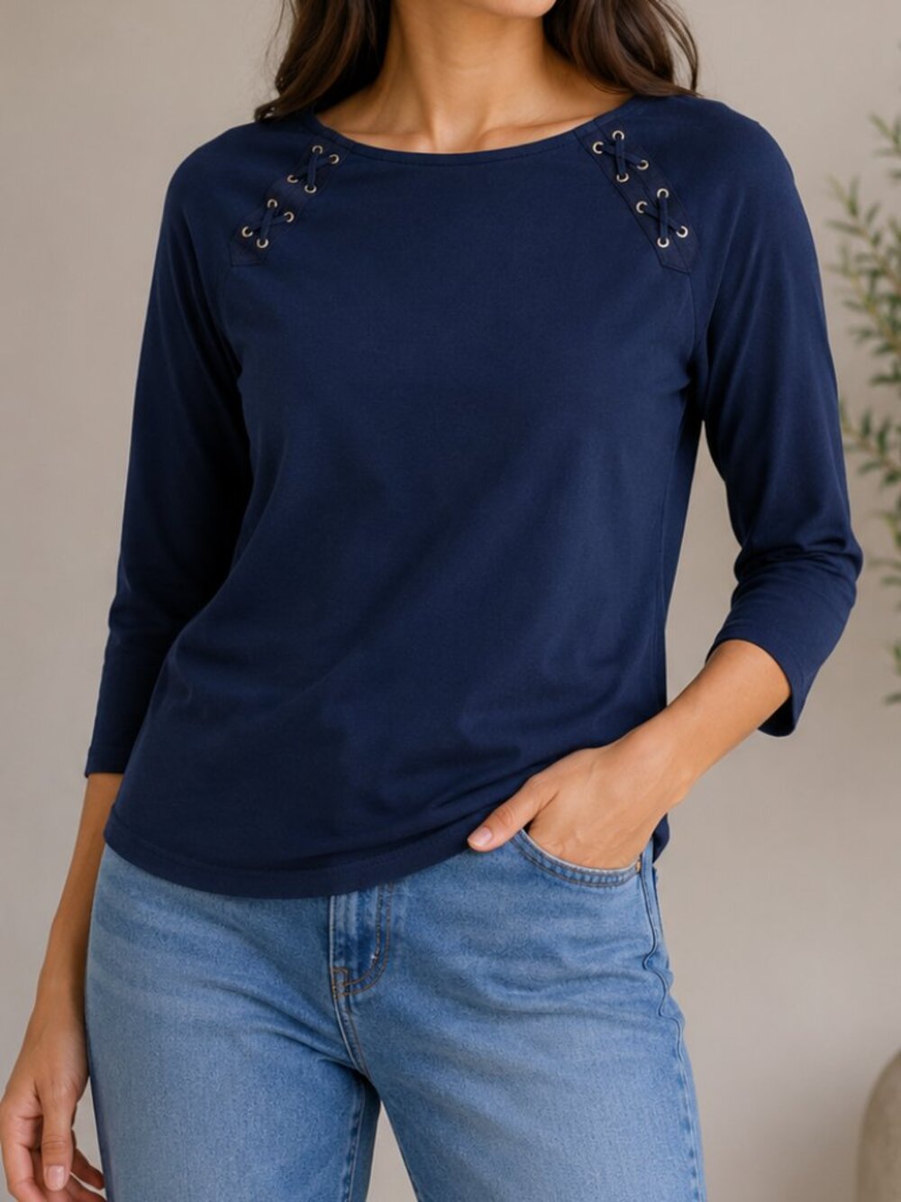 Chaps Navy Blue Lace-Up Long Sleeve Top | Size Small